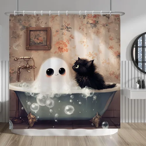 Miniatura 75 de Cortina de ducha de fantasma y gato negro para niños, 36 x 72 pulgadas, espeluznante y bonita, cortina de baño de Halloween con 6 ganchos, cortina