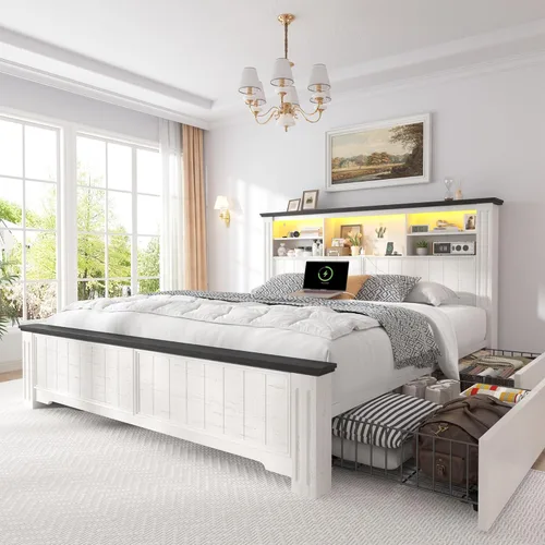 Miniatura 7 de EnHomee Marco de cama tamaño king con cabecero y almacenamiento, 4 cajones y estación de carga LED incorporada, marco de cama tamaño king con Blanco