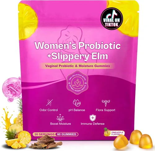Probiótico femenino de olmo resbaladizo + gomitas de humedad: apoya el equilibrio del pH, la flora vaginal y la salud del olor, con Bacillus