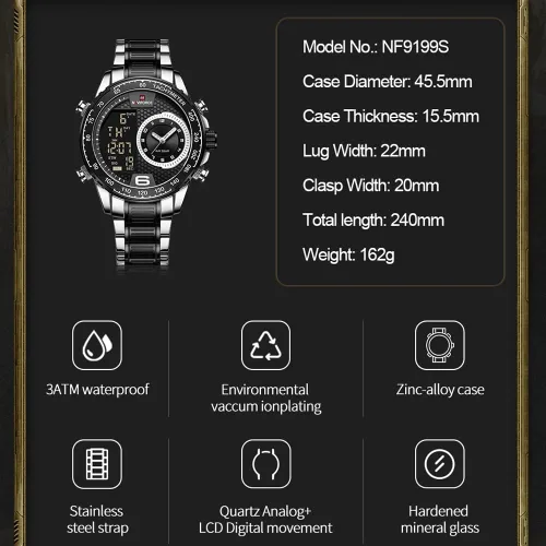 Miniatura 6 de NAVIFORCE Reloj para hombre reloj de cuarzo digital de doble pantalla multifuncional de acero inoxidable