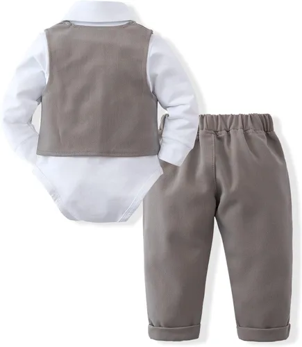 Miniatura 7 de DISAUR - Conjunto de ropa para bebé niño pequeño, 4 piezas de vestido de caballero + chaleco + pantalones + corbatín de algodón