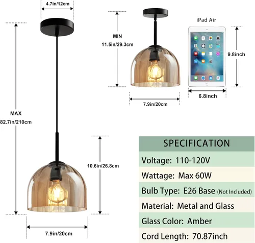 Miniatura 7 de Luces Colgantes Modernas de Cristal Ámbar, Candelabro de Cúpula Bohemia Nórdica, Forma de Lámpara de Campana de 7.86", Accesorios de Iluminación