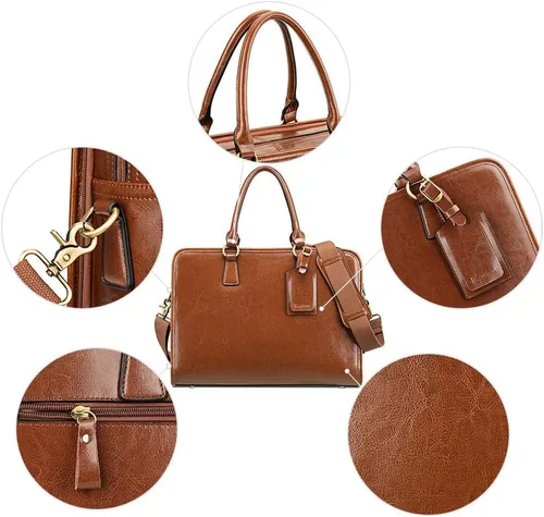 Miniatura 5 de Kattee Maletín de cuero genuino para mujer, bolsa de computadora portátil de gran capacidad con etiqueta de equipaje