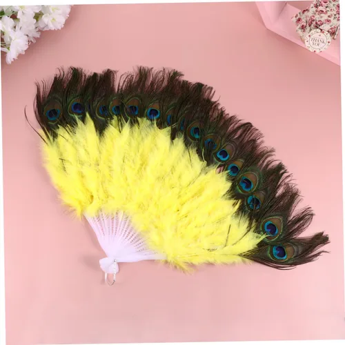 Miniatura 6 de DECHOUS Abanico de fiesta, 1 unidad, ventilador de mano de pavo real, ventilador plegable, ventilador de baile de ropa de pavo real amarillo pavo