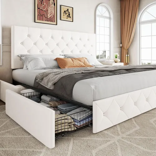 Miniatura 15 de Allewie - Base de cama tapizada de tamaño Full con plataforma, con 4 cajones de almacenamiento y cabecero, diseño cosido en cuadrados con botones