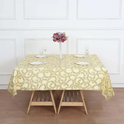 Miniatura 4 de Efavormart - Superposición de mesa de tul bordado de hojas de lentejuelas doradas de 72 x 72 pulgadas, mantel cuadrado transparente