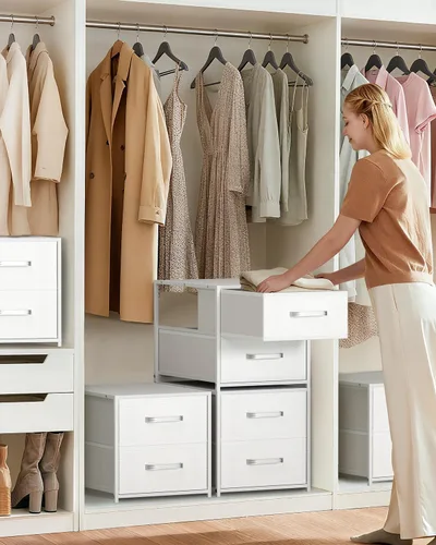 Miniatura 2 de Homsorout Cajones de almacenamiento apilables, cajones de armario de 2 niveles, organizador de armario con asas de metal, mesita de noche con Blanco