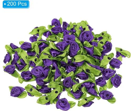 Miniatura 3 de PATIKIL Mini rosas de cinta, 200 unidades, pequeñas flores de tela de satén con adornos de hojas verdes, rosetas para manualidades, costura, boda
