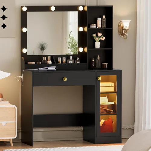 Thacuok Tocador de maquillaje negro con espejo y luces, tocador de 34 pulgadas de ancho con estación de carga y gabinete de vidrio RGB, pequeño