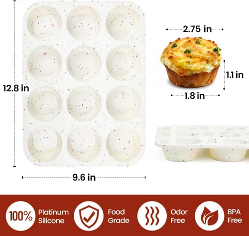 Miniatura 2 de CAKETIME Molde de silicona para magdalenas, molde para magdalenas de tamaño regular para hornear 12 cavidades, molde antiadherente de silicona