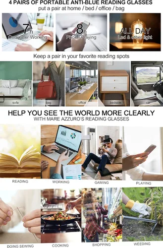 Miniatura 5 de MARE AZZURO Paquete de 4 lentes de lectura con bloqueo de luz azul para hombres y mujeres, ligeros para lectura de computadora 1.0 1.25 1.5 1.75 2.0