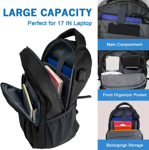 Miniatura 6 de WOLT Mochila para laptop para hombres y mujeres para portátil de 15.6 pulgadas y 17 pulgadas, mochila de viaje aprobada con compartimento para Negro