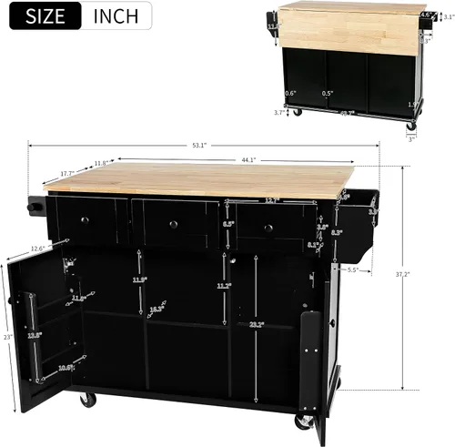 Miniatura 2 de LUMISOL Isla de cocina rodante con hoja abatible, carrito de cocina sobre ruedas con 3 cajones y 2 gabinetes, isla trolley portátil de madera