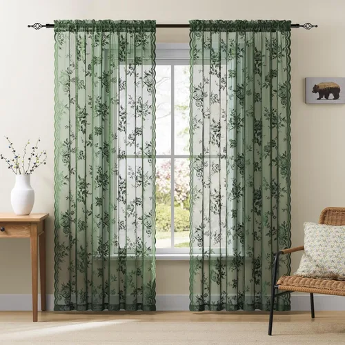 Miniatura 67 de SEEKRIGHT - 2 paneles de cortinas traslúcidas de encaje negro, cortinas góticas florales, cortinas victorianas con bolsillo para cortinero
