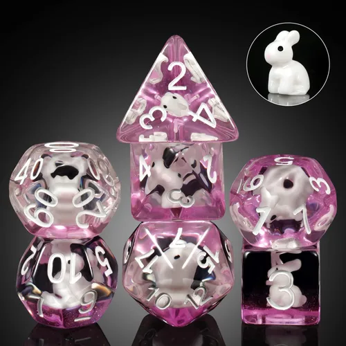 Juego de dados de conejo DND, DNDND 7 dados poliédricos de resina con bolsa de terciopelo para juegos de rol D&D Dungeons and Dragons y juegos de
