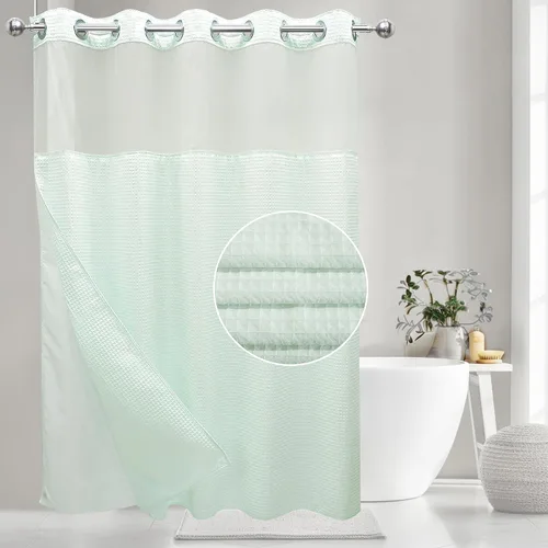 Miniatura 12 de VIUOON Cortina de ducha sin gancho de tejido de sarga con juego de forro de tela a presión, estilo hotelero con ventana superior transparente, tela
