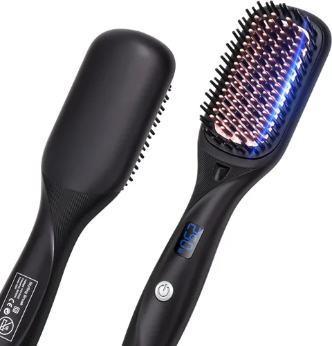 Cepillo alisador de pelo, alisador de pelo para mujer, peine de cerámica iónico con menos encrespamiento, calentamiento rápido de 20 segundos, Negro