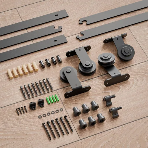 Miniatura 5 de CCJH Kit de herrajes para puerta corrediza de granero de 4 pies para 2 puertas, sistema de riel de un solo riel deslizante suavemente silencioso