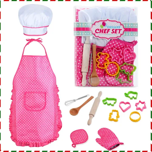 HmiL-U Juego de chef para niños, 13 piezas, juegos de cocina y horneado para niños, incluye delantal, sombrero, utensilios, guante de cocina para
