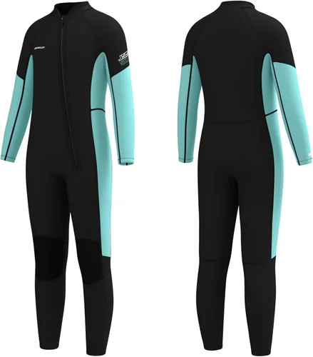 Miniatura 7 de Traje de neopreno de cuerpo completo de 0.118 pulgadas para niños y niñas, ideal para agua fría, cremallera frontal para buceo, esnórquel, surf, Azul