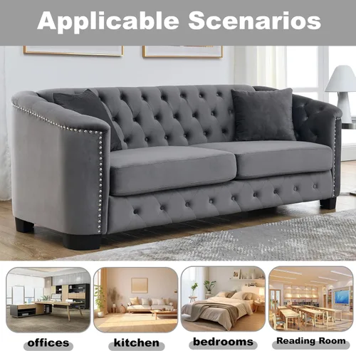 Miniatura 6 de Juego de 2 sofás modernos de terciopelo Chesterfield de 77" para 3 plazas + 59" loveseat, tapizados con respaldos capitoné con brazos de tachuelas