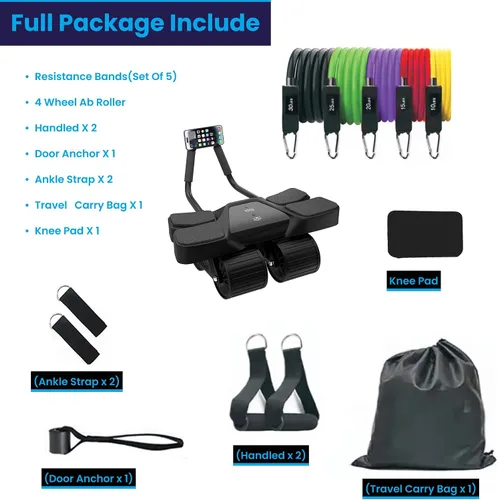 Miniatura 3 de Ab Roller - Equipo de gimnasio en casa – Rodillo muscular de 4 ruedas con pantalla LCD, 5 bandas de resistencia, correas de tobillo, anclaje
