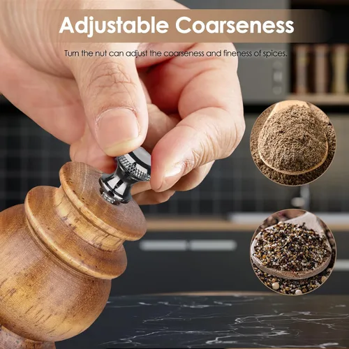 Miniatura 4 de Juego de molinillo de sal y pimienta de madera con bandeja y cuchara de madera, molinillo manual de sal y pimienta de 8 pulgadas, grosor ajustable