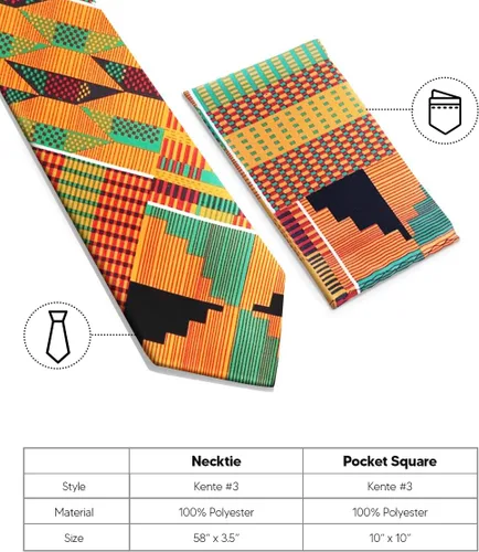 Miniatura 32 de Juego de corbata Kente con estampado africano y animal y pañuelo de bolsillo a juego