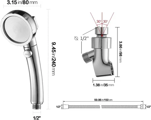 Miniatura 6 de Cabezal de ducha de mano de cromo de alta presión KAIYING con interruptor de pausa ON/OFF, varilla de ducha de 3 modos de rociado con botón