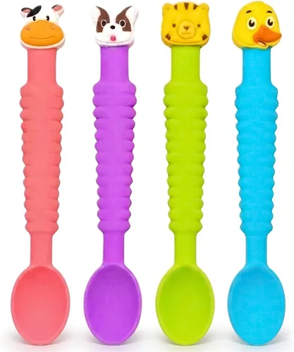 Cuchara de silicona 3 en 1 para bebé de alimentación autónoma durante más de 6 meses, cuchara mordedor pediátrica diseñada por OT, utensilios para