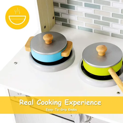 Miniatura 5 de OLAKIDS - Juego de cocina para niños, cocina de madera para niños pequeños con sonidos reales, estufa, microondas, horno, fregadero, gabinete