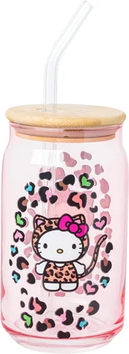 Miniatura 20 de Silver Buffalo Sanrio - Vaso de vidrio rosa con tapa de bambú y sorbete de vidrio de Hello Kitty, 16 onzas Hello Kitty Agitando
