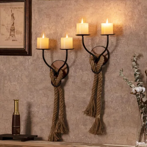 Miniatura 5 de Portavelas de Pared Soporte de Velas de Montaje en Pared de Metal y Madera Portavelas Colgantes de Hierro para Pared Soporte de Velas y Decoración