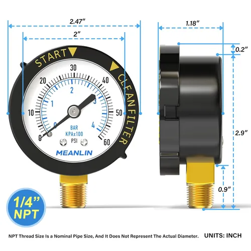 Miniatura 2 de MEANLIN MEASURE - Manómetro de marco de plástico, 1/4" NPT, filtro de inicio y limpieza, presión, adecuado para piscina, spa, acuario, montaje