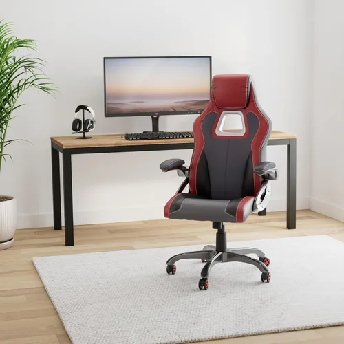 Miniatura 2 de OSP Home Furnishings Race Car - Silla ajustable para juegos, cuero consolidado gris carbón con detalles rojos