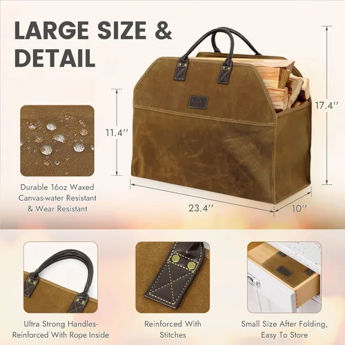 Miniatura 5 de INNO STAGE - Bolsa de lona encerada resistente para leña, tamaño grande, bolsa de almacenamiento para accesorios de chimenea y estufa de madera