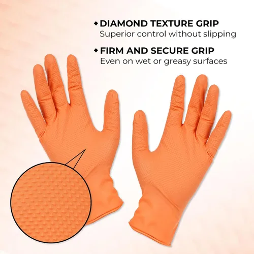 Miniatura 3 de Guantes de Nitrilo 10 mil Naranja Grande, 100 unidades, Sin Polvo, Antideslizantes, Diamante, Extra Gruesos, Sin Látex