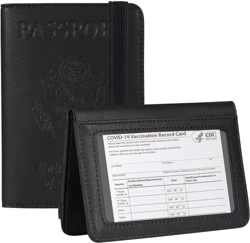 Travelambo Cartera para pasaporte, funda de cuero para viaje, con bloqueo Rfid para hombres y mujeres, Vacuna Combo Negro, Cartera Rfid