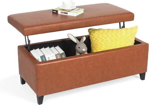 Miniatura 15 de Adeco Otomana de almacenamiento, banco tapizado rectangular de piel sintética con patas de madera, reposapiés, mesa de café para sala de estar, Negro