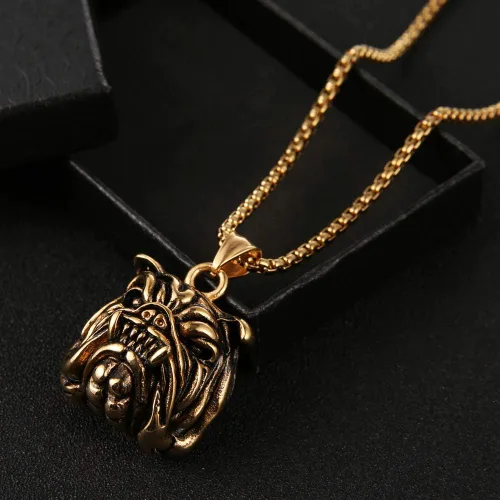 Miniatura 4 de AsAlways Colgante para mascotas de expresión feroz regalo chapado en oro collar de cabeza de bulldog de acero inoxidable 22+2 pulgadas cadena