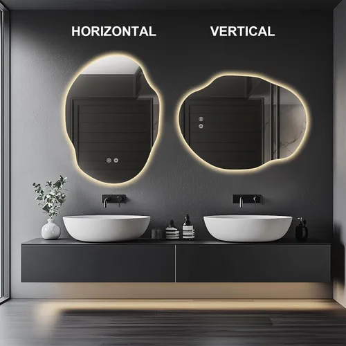 Miniatura 6 de Espejo de Baño LED Irregular con Luces, Espejo de Tocador de Baño LED Asimétrico para Pared con Retroiluminación, Antivaho, 3 Colores y Luz