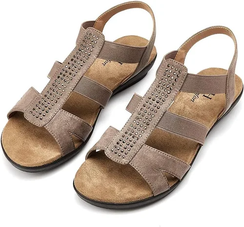 Miniatura 5 de VJH confort - Sandalias planas para mujer con diamantes de imitación, puntera abierta, elásticas, sin cordones, cómodas, informales, para caminar