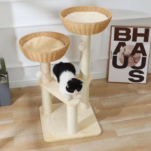 Miniatura 5 de SHENGOCASE Torre de árbol para gatos con cesta de mimbre de ratán, 2 cestas nido grandes tejidas a mano cama, percha de ventana para gatos grandes