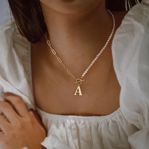 Miniatura 2 de Yoosteel Collar de perlas con inicial para mujer, gargantilla de cadena de perlas delicadas, collares con iniciales para mujer, cierre de palanca