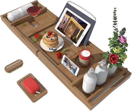Miniatura 11 de Bandeja de bañera para baño de lujo, mesa de baño expandible de bambú impermeable sobre la bañera con soporte para vino y libros y jabonera gratis