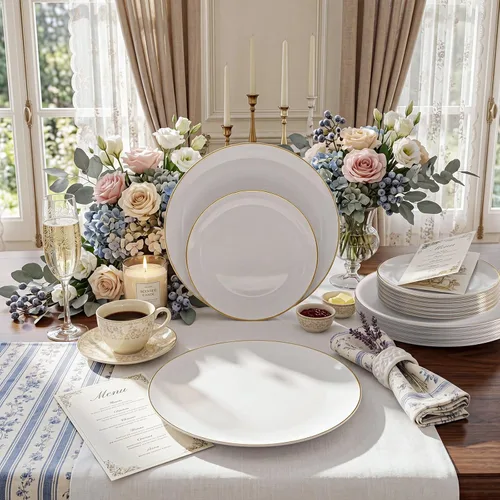 Miniatura 5 de KIRE 60 platos de plástico dorado – Platos desechables blancos resistentes de Acción de Gracias con borde dorado para fiesta/boda – Incluye 30