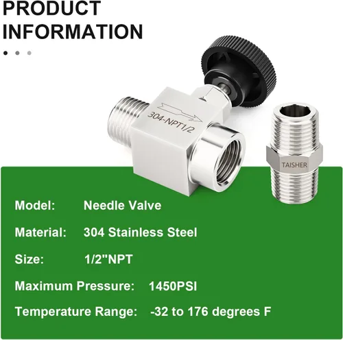 Miniatura 4 de TAISHER 1 pieza Válvula de aguja recta de acero inoxidable 304 1/2" NPT macho x 1/2" NPT hembra para control de flujo de agua, gas, aceite con rosca