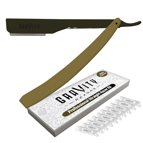 Kit de cuchilla de afeitar recta profesional GRAVITY RAZORS – Ultra Exposición, incluye 10 cuchillas premium, 2mm expuestas, color oro y negro Dorado