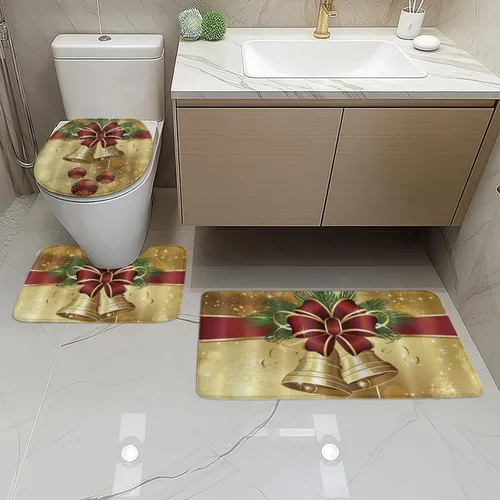 Miniatura 4 de FOR U DESIGNS Juego de tapetes de baño con moqueta, contorno y tapa, campana de lazo de Navidad, tapete decorativo suave para el hogar, dorado