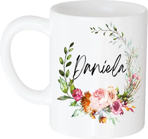 Taza de café divertida personalizada – Regalo para mujeres, nombre personalizado Daniela Flower and Name 11oz taza blanca 630262